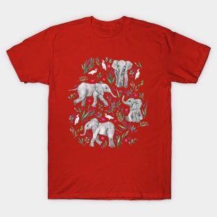 Baby Elephants and Egrets in Watercolor - burgundy red T-Shirt